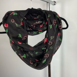 Red cherries on black scarf No tags but appears to be light polyester or cotton